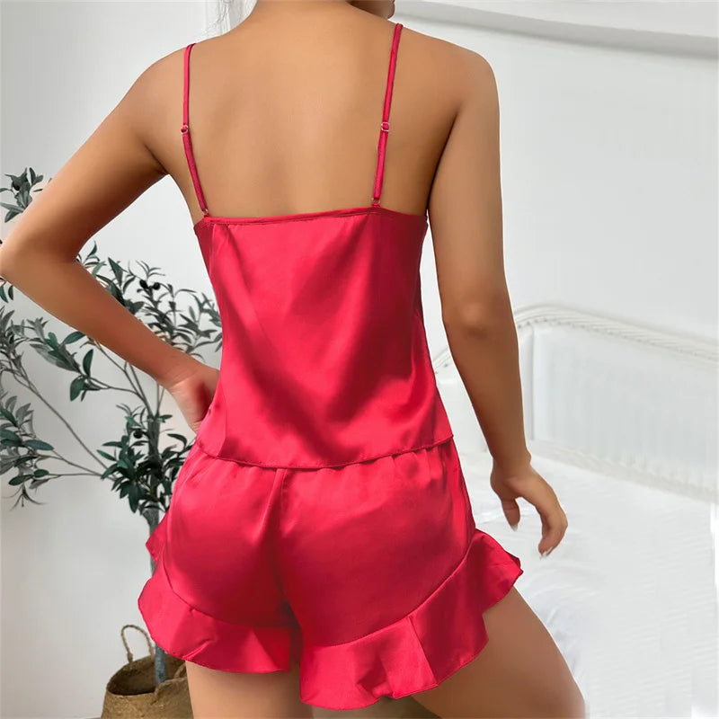 Summer Imitation Silk Nightgown Women's Sexy Silk Satin Ruffled Pajamas Sets Sling Shorts Sleepwear Home Suit