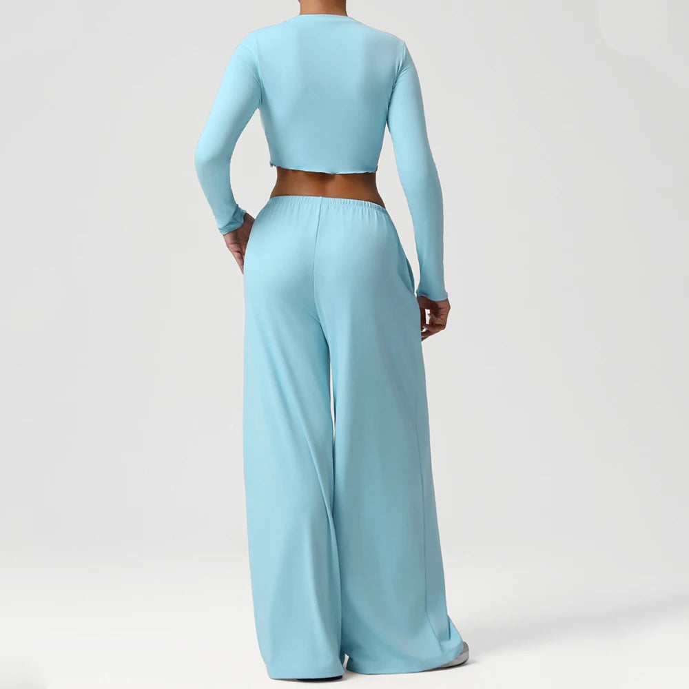 2PCS Yoga Set Women Sportswear Gym Clothing Fitness Workout Set Female Long Sleeve Crop Top High Waist Flared Pant Sports Suits