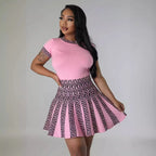 AJ4399 Fashionable round Neck Short Sleeve Pleated Two-Piece Set Women's Knitted Print Style New Arrival Sweet Fresh Style