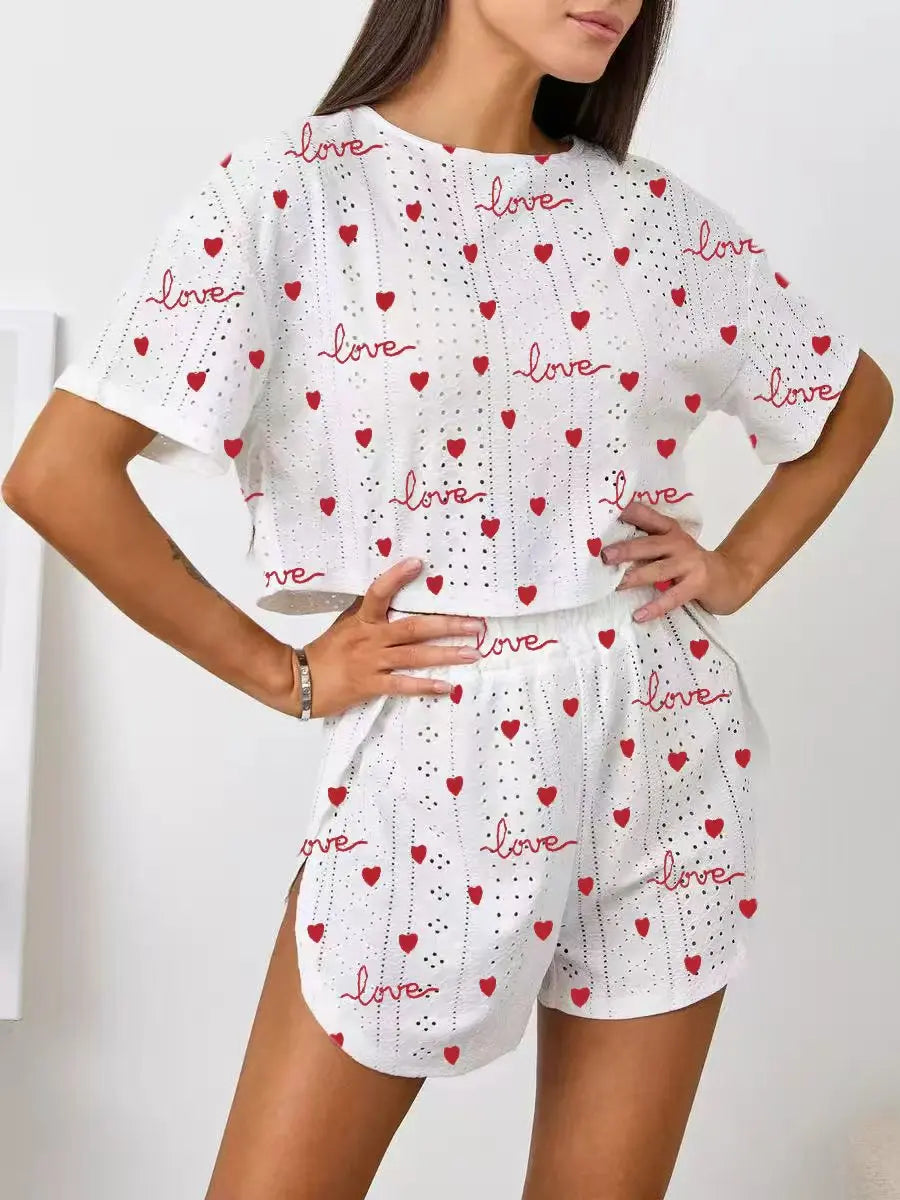 Women Pajamas Set Women's Pajamas Hollow Breathable Printing Sexy Split Shorts Crew Neck Top Set Loungewear Home Comfort