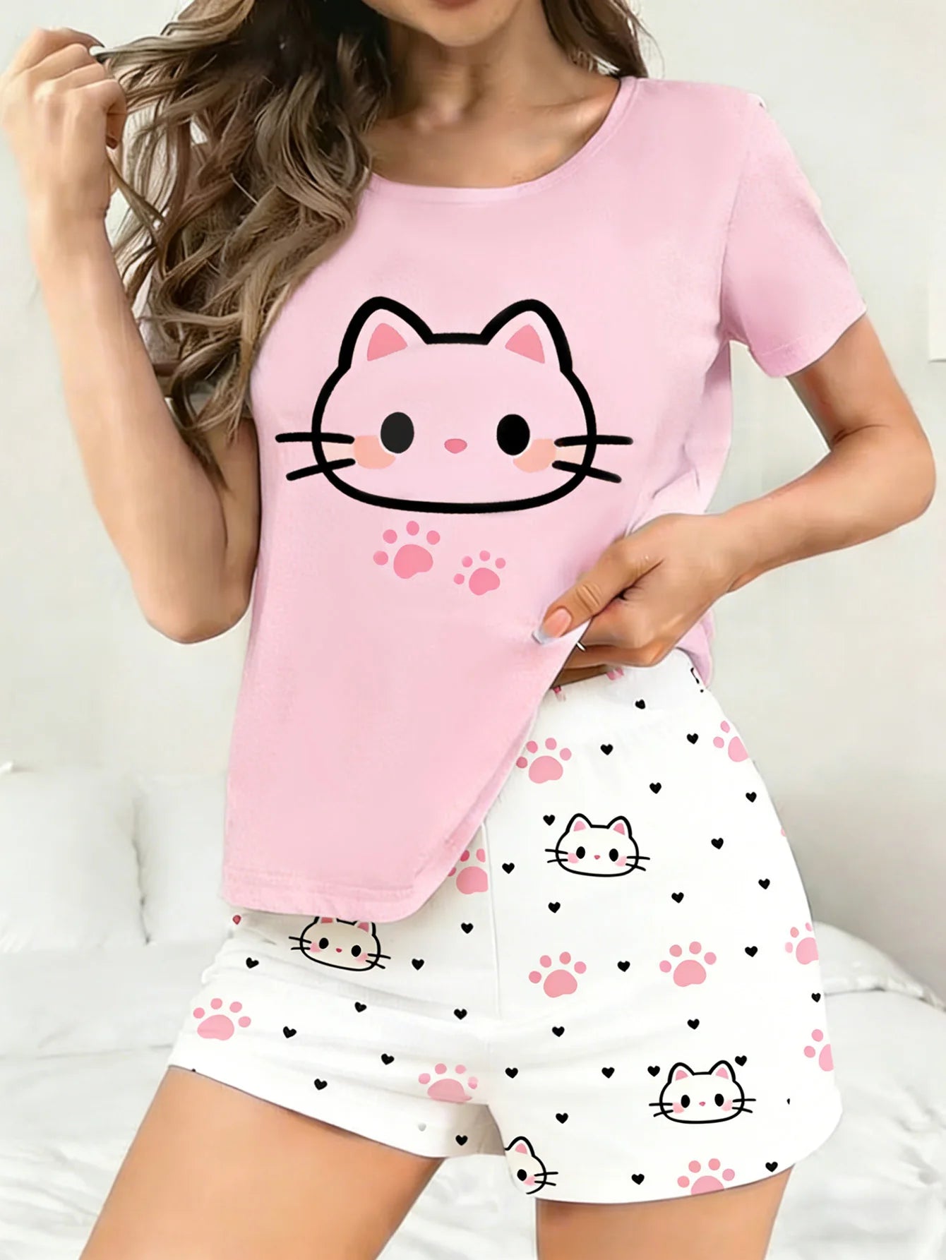 Women's Summer Short-Sleeve & Shorts Pajama Set with Cat Digital Print - Skin-Friendly & Machine Washable