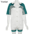 Vsstiar Fashion Crochet Knitted Two Piece Set Short Sleeve Pockets Shirts And Shorts Sexy Hollow Out Striped Women Matching Suit