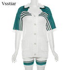Vsstiar Fashion Crochet Knitted Two Piece Set Short Sleeve Pockets Shirts And Shorts Sexy Hollow Out Striped Women Matching Suit