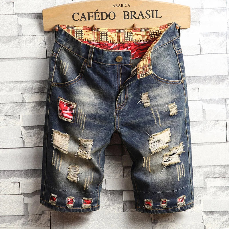 2026 New Summer Fashion Ripped hole Mens Jeans Short Street Vintage Straight Slim Denim Mid Waist  Brand Print Shorts