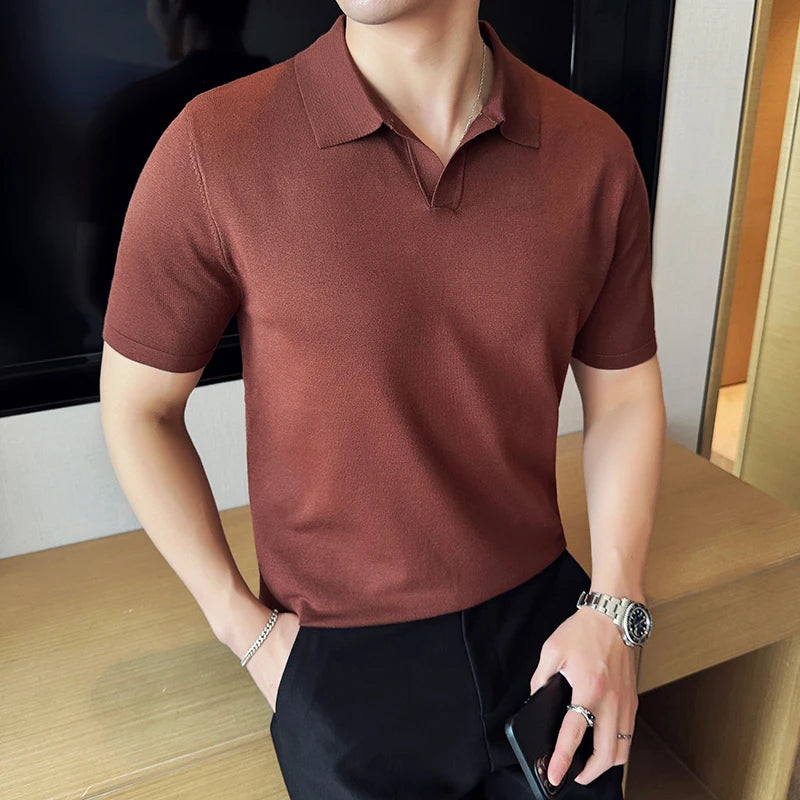 High Elasticity Knitted Men Polo Shirt Short Sleeved 2026 Summer New Ice Silk Light Thin Solid Casual Top T-shirt Men Clothing