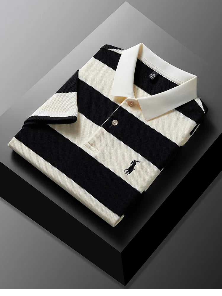 KUXA Men Cap Polo Knitted T-shirt Summer Men's Summer Clothes Striped Embroidery Business Casual Breathable Short Sleeve Tops