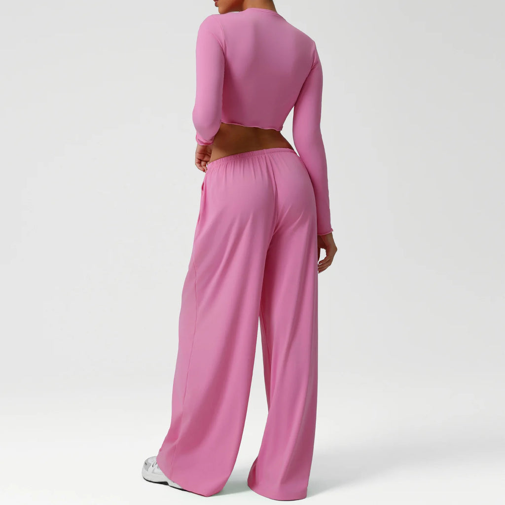 2PCS Yoga Set Women Sportswear Gym Clothing Fitness Workout Set Female Long Sleeve Crop Top High Waist Flared Pant Sports Suits