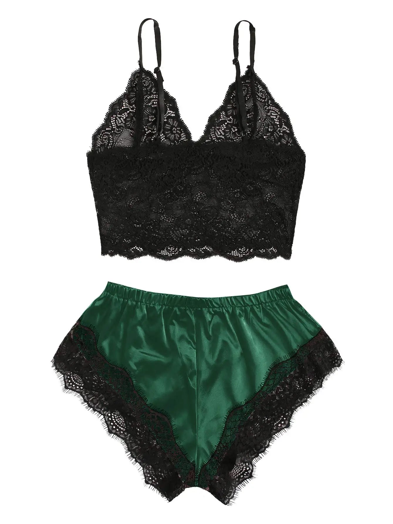 2PCS Women's Satin Pajama Set Lace Cami Top and Shorts Sexy Lingerie Sleepwear Summer Breathable Nightwear Black And Pink