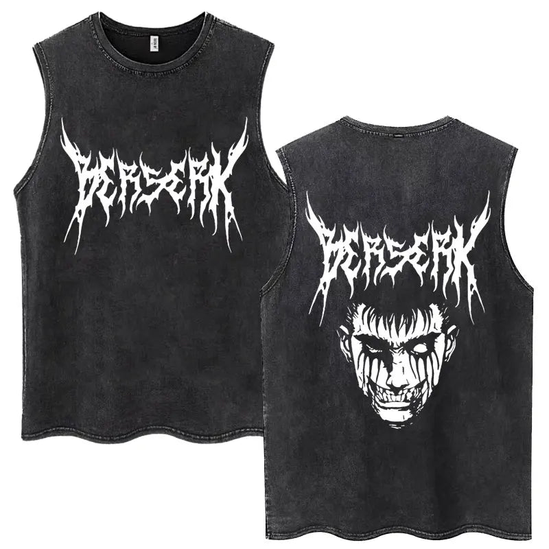Anime Berserk Guts Washed Harajuku Tank Tops Retro Manga Gatsu Griffith Zodd Sleeveless T Shirts Unisex Cotton Oversized T-Shirt