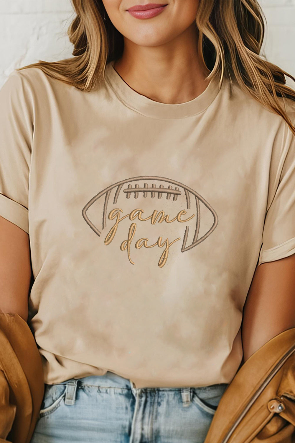 Khaki Game Day Rugby Embroidered Graphic T Shirt