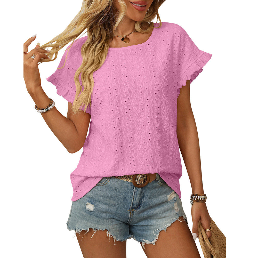 Solid Color Round Neck Sweet Short Sleeve T-shirt Hollow Top