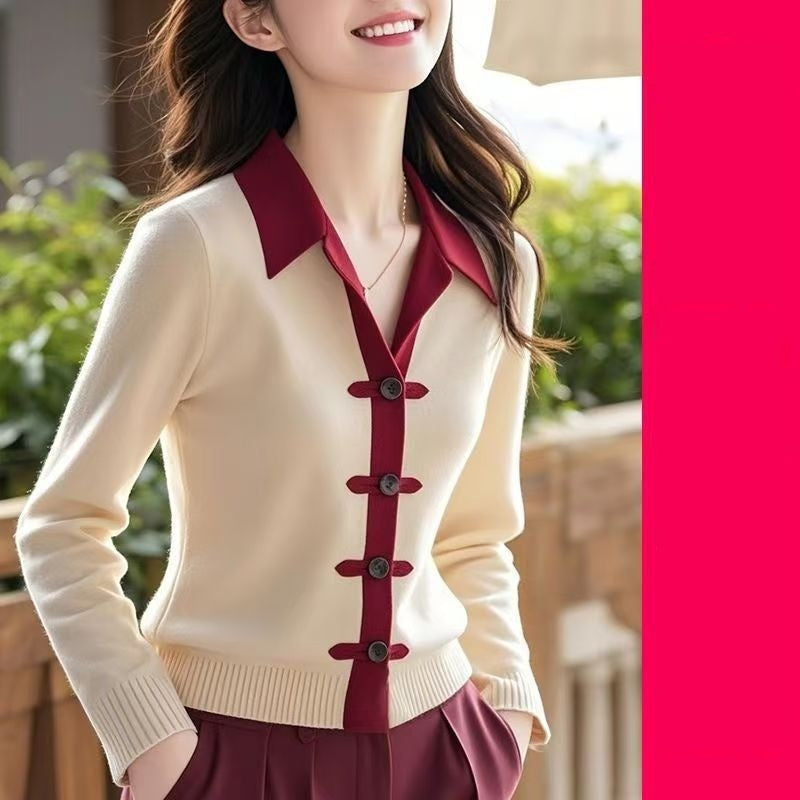 Womens Minimalist Elegant New Chinese-Style Knot-Button Knitted Top