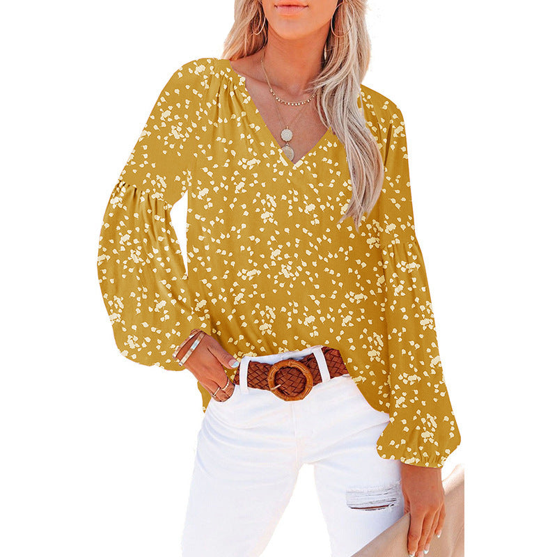 Women's Floral Chiffon Shirt Loose V-neck Casual Top
